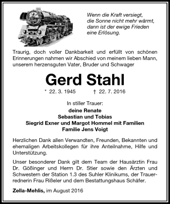 Traueranzeige von Gerd Stahl von Südthüringer Presse