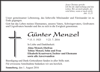 Traueranzeige von Günter Menzel von Südthüringer Presse