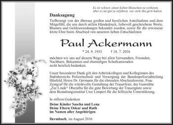 Traueranzeige von Paul Ackermann von Südthüringer Presse