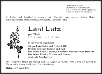 Traueranzeige von Leni Lutz von Südthüringer Presse
