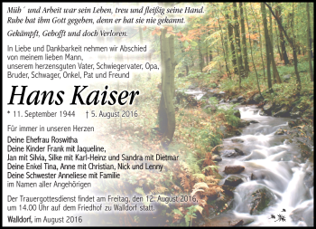 Traueranzeige von Hans Kaiser von Südthüringer Presse