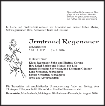 Traueranzeige von Irmtraud Regenauer von Südthüringer Presse
