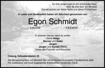 Traueranzeige von Egon Schmidt von Neue Presse Coburg