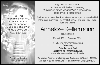 Traueranzeige von Annelore Kellermann von Südthüringer Presse