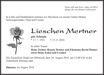 Traueranzeige von Lieschen Mertner von Südthüringer Presse