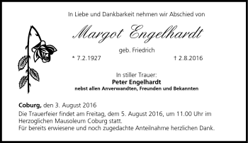 Traueranzeige von MArgot Engelhardt von Neue Presse Coburg