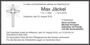 Traueranzeige von Max Jäckel von Frankenpost