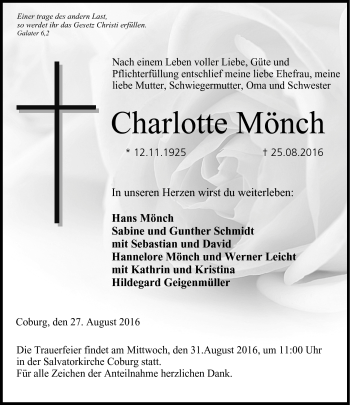Traueranzeige von Charlotte Mönch von Neue Presse Coburg
