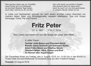 Traueranzeige von Fritz Peter von Südthüringer Presse