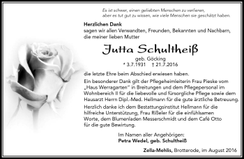 Traueranzeige von Jutta Schultheiß von Südthüringer Presse