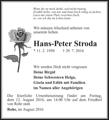 Traueranzeige von Hans-Peter Stroda von Südthüringer Presse