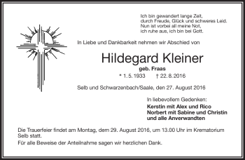 Traueranzeige von Hildegard Kleiner von Frankenpost