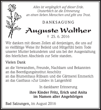 Traueranzeige von Auguste Walther von Südthüringer Presse