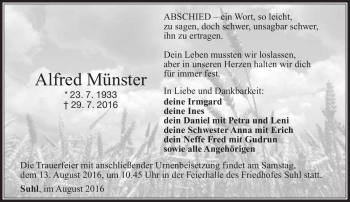 Traueranzeige von Alfred Münster von Südthüringer Presse