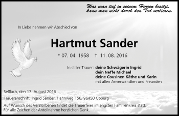 Traueranzeige von Hartmut Sander von Neue Presse Coburg