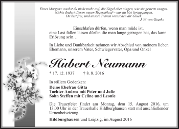 Traueranzeige von Hubert Neumann von Südthüringer Presse