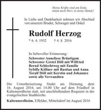 Traueranzeige von Rudolf Herzog von Südthüringer Presse