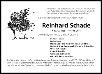 Traueranzeige von Reinhard Schade von Frankenpost