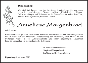 Traueranzeige von Anneliese Morgenbrod von Südthüringer Presse