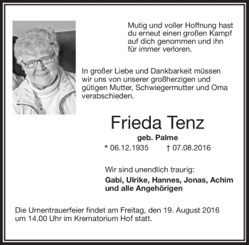 Traueranzeige von Frieda Tenz von Frankenpost