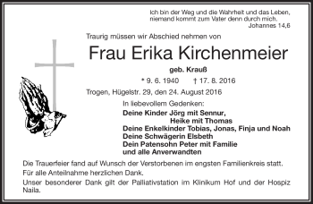 Traueranzeige von Erika Kirchenmeier von Frankenpost