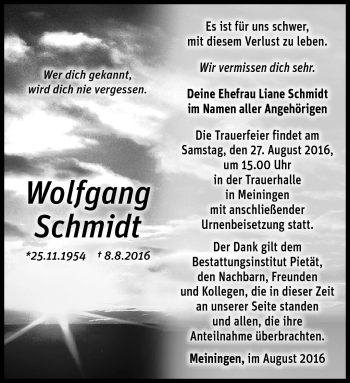 Traueranzeige von Wolgang Schmidt von Südthüringer Presse