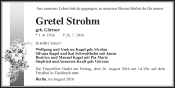 Traueranzeige von Gretel Strohm von Südthüringer Presse