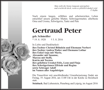 Traueranzeige von Gertraud Peter von Südthüringer Presse