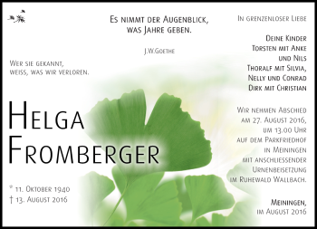Traueranzeige von Helga Fromberger von Südthüringer Presse