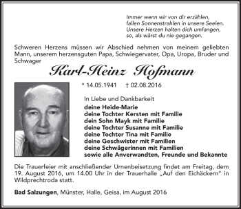 Traueranzeige von Karl-Heinz Hofmann von Südthüringer Presse