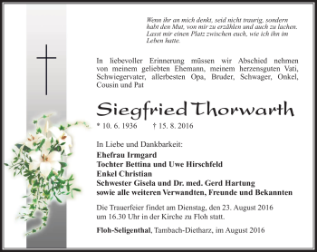 Traueranzeige von Siegfried Thowarth von Südthüringer Presse
