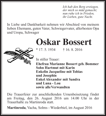 Traueranzeige von Oskar Bossert von Südthüringer Presse