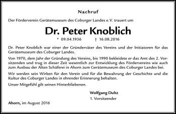 Traueranzeige von Peter Knoblich von Neue Presse Coburg