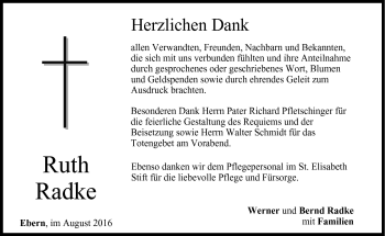 Traueranzeige von Ruth Radke von Neue Presse Coburg