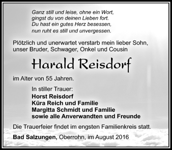 Traueranzeige von Harald Reisdorf von Südthüringer Presse
