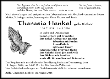 Traueranzeige von Theresie Henkel von Südthüringer Presse