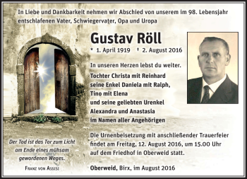 Traueranzeige von Gustav Röll von Südthüringer Presse