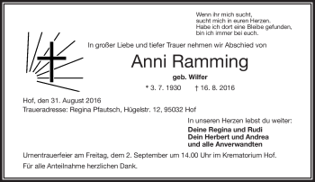 Traueranzeige von Anni Ramming von Frankenpost