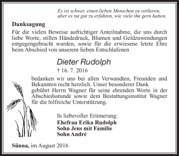 Traueranzeige von Dieter Rudolph von Südthüringer Presse