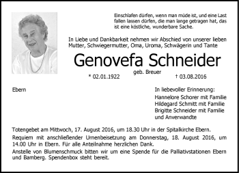 Traueranzeige von Genoefa Schneider von Neue Presse Coburg