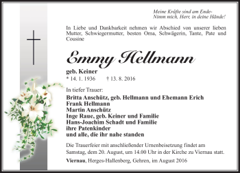 Traueranzeige von Emmy Hellmann von Südthüringer Presse