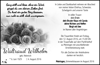 Traueranzeige von Waltraud Wilhelm von Südthüringer Presse