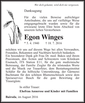 Traueranzeige von Egon Winges von Südthüringer Presse