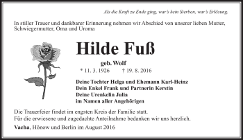 Traueranzeige von Hilde Fuß von Südthüringer Presse