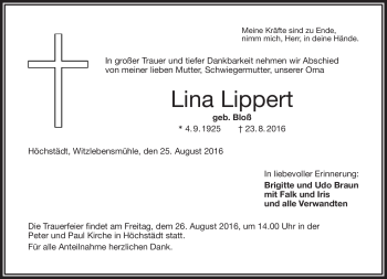 Traueranzeige von Lina Lippert von Frankenpost