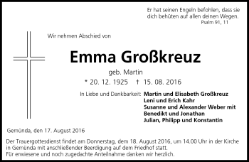 Traueranzeige von Emma Großkreuz von Neue Presse Coburg