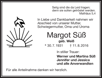 Traueranzeige von Margot Süß von Frankenpost