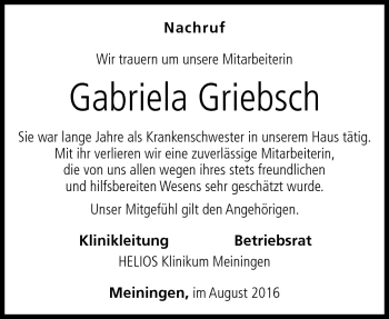 Traueranzeige von Gabriela Griebsch von Südthüringer Presse