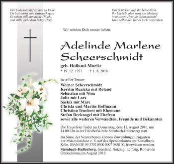 Traueranzeige von Adelinde Marlene Scheerschmidt von Südthüringer Presse