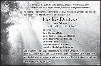 Traueranzeige von Heike Dietzel von Südthüringer Presse
